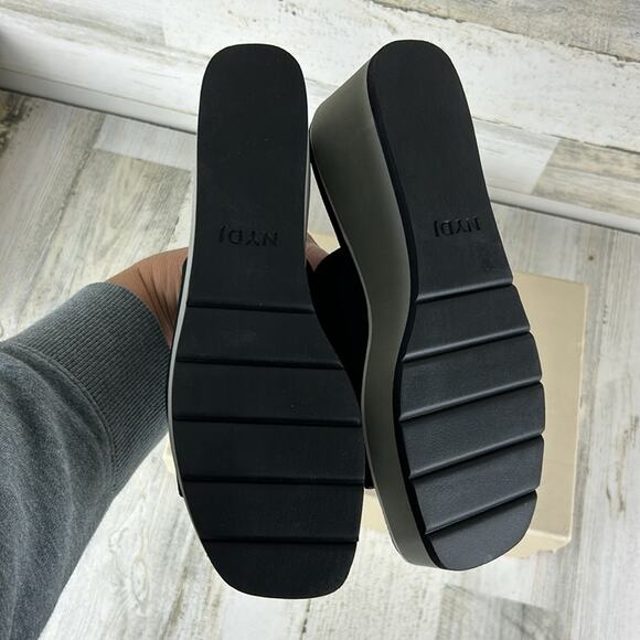 NYDJ Womens 8.5 Rysa Black Canvas Gray Fabric Platform Wedge Sandals Slip-On new - Picture 8 of 10